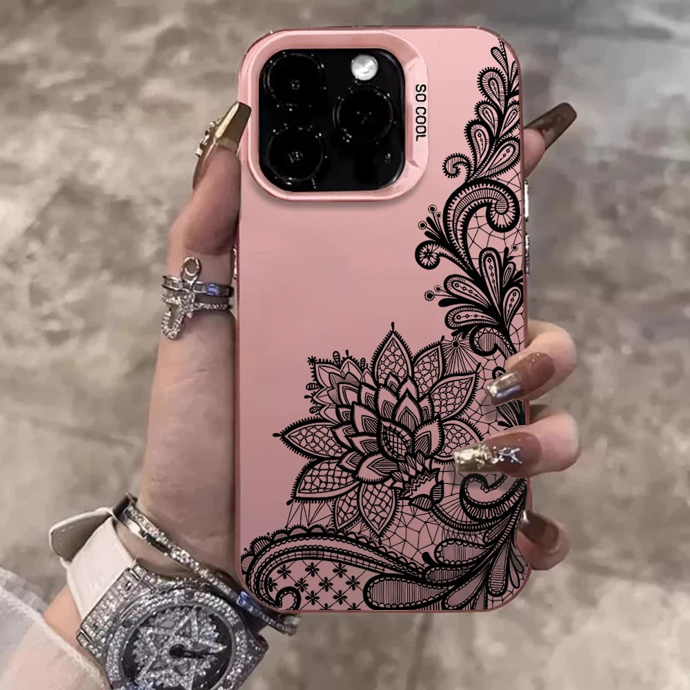 Lace Flowers Fashion Case For iPhone 16 17 15 Pro Max Cases iPhone 17 11 12 13 ProMax 14 15 16 Plus 8 XS XR Shockproof IMD Cover