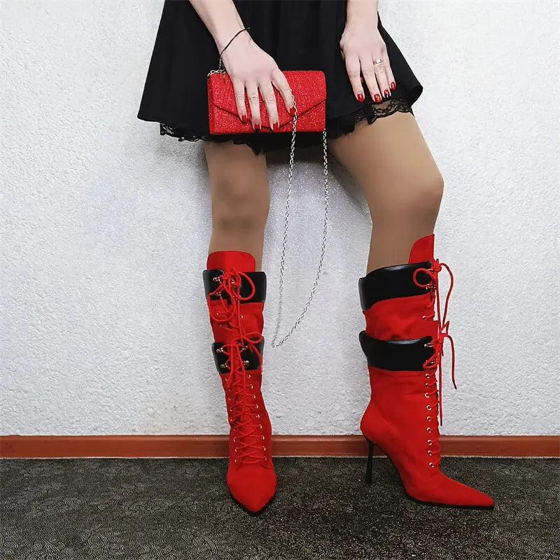 Onlymaker Women Pointed Toe Double Stiletto High Heel Lace Up Mid-Calf Boots
