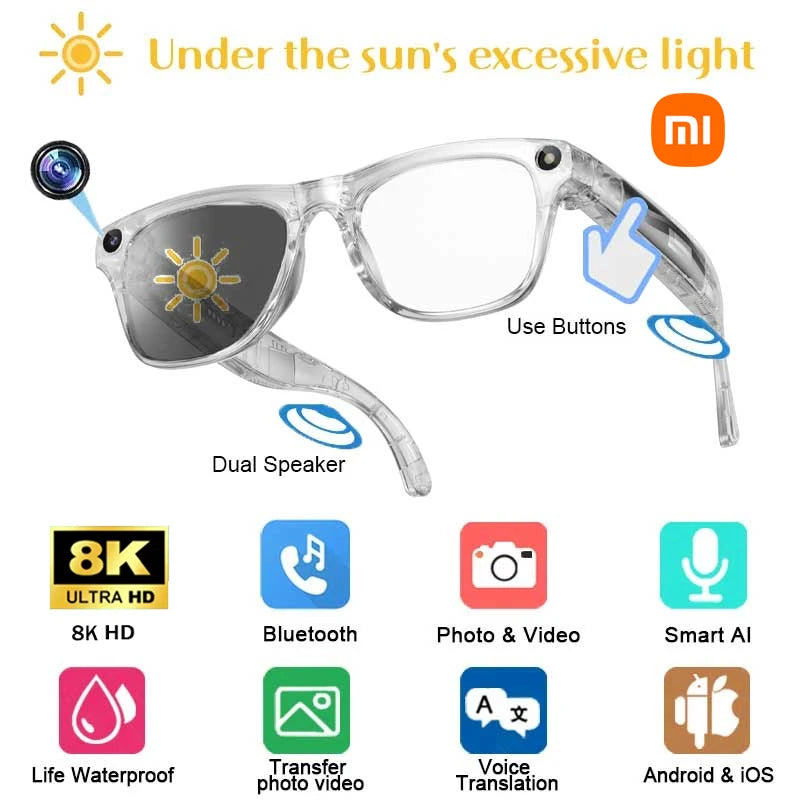 Xiaomi Smart AI Glasses HD 8K Photochromic Multifunction Bluetooth Calling Voice Assistant Music Player Translate Camera Glasses