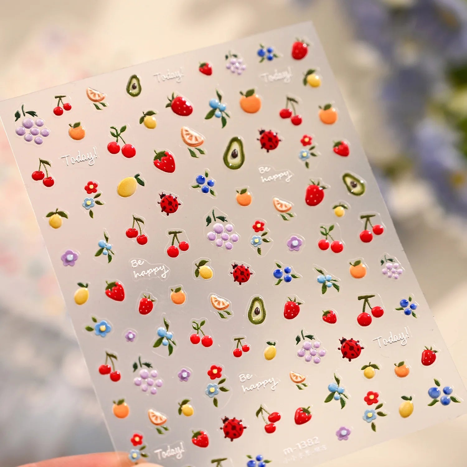 Spring Strawberry Vine 5D Nail Art Stickers Garden Fresh Red Strawberry Green Leaves Flower Cherry Branch Bow Nail Decals DIY