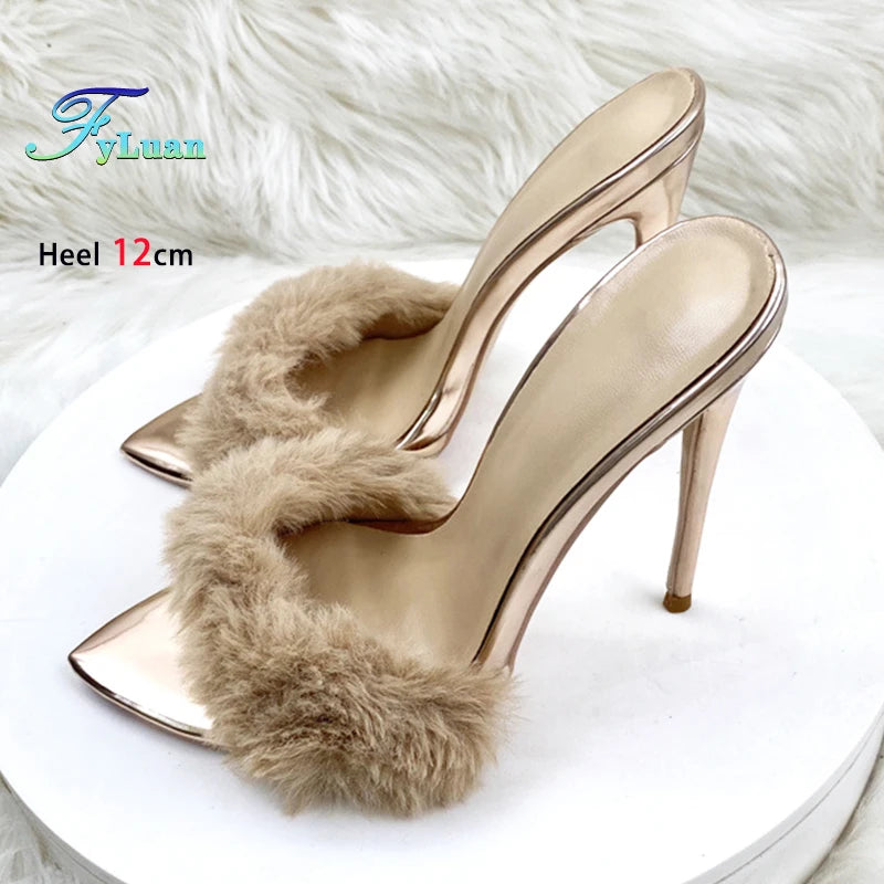 Summer 12CM Ladies Slippers Faux Fur Sexy Peep Toe Pointy Toe Women Shoes Slip-On Plus Size 46 Model Runway High Heel Sandals