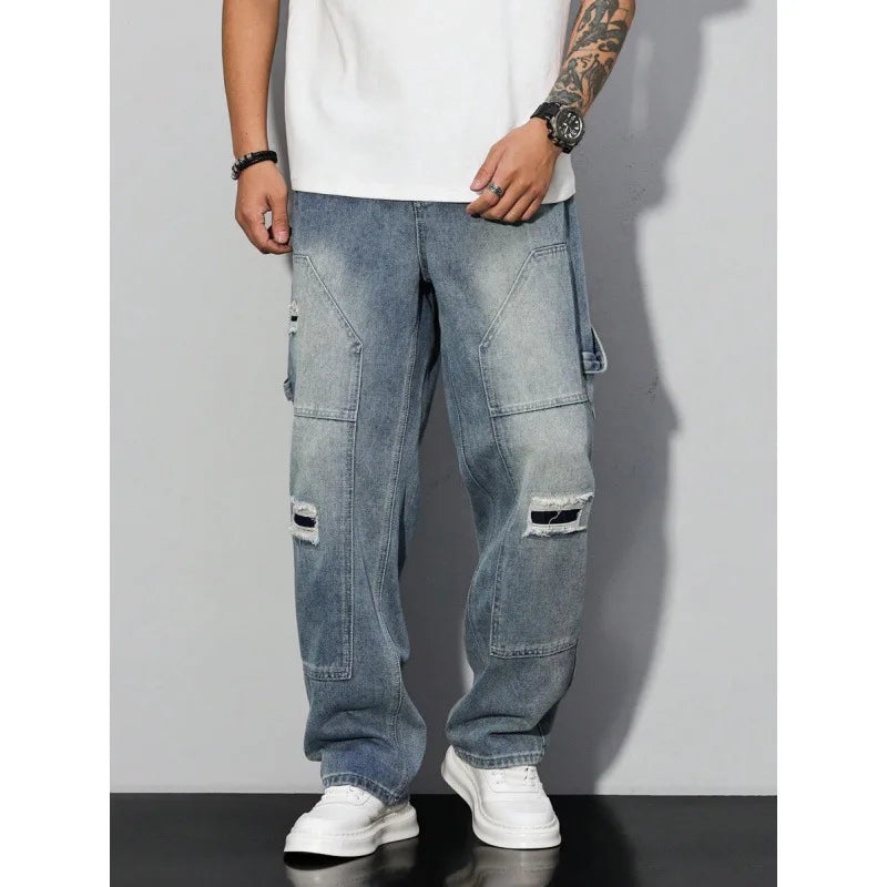 Men's Casual Denim Jeans Spring Autumn Winter Straight Leg Loose Fit Long Pants Double Belt Hole Pocket Daily Wear