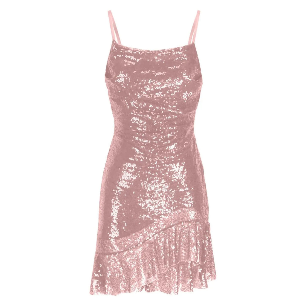 Sexy Slim Fitting Fashion Solid Color Sequin Back Cross Tie Ruffle Edge Sleeveless Suspender Irregular Hem Pleated Party Dress