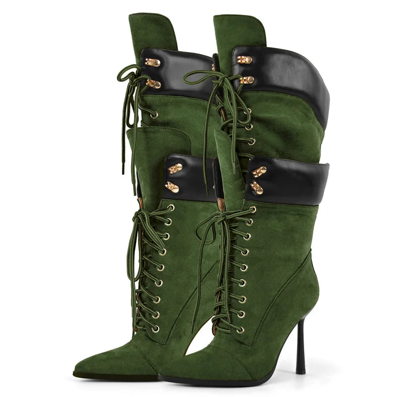 Onlymaker Women Pointed Toe Double Stiletto High Heel Lace Up Mid-Calf Boots