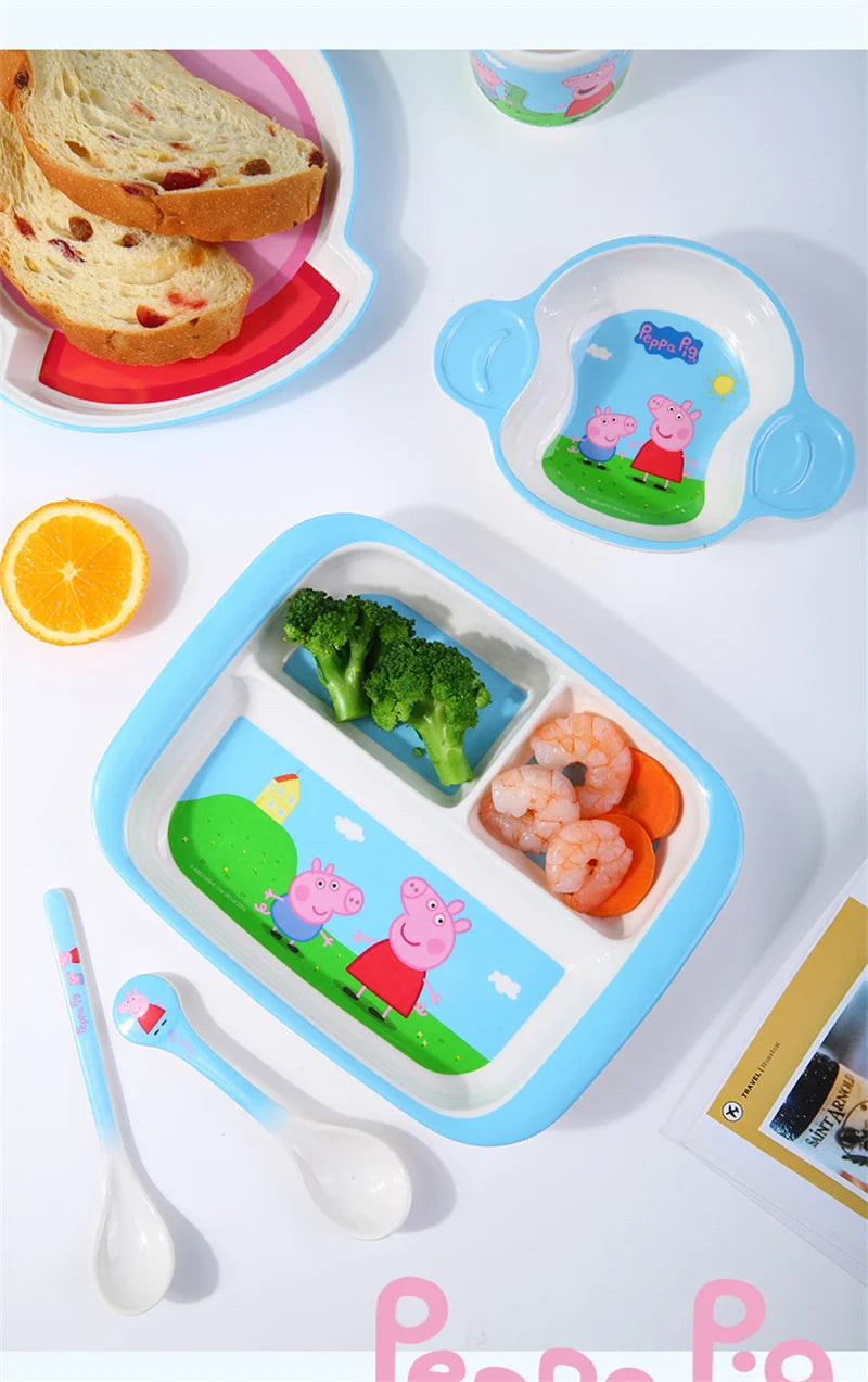 For Peppa Pig Tableware Cartoon Salad Bowl Anti-Fall Dining Plate Cup Spoon Baby Eating Double-ear Bowl Food-grade Divided Plate