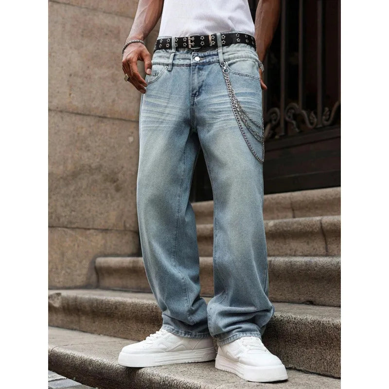 Men's Casual Denim Jeans Spring Autumn Winter Straight Leg Loose Fit Long Pants Double Belt Hole Pocket Daily Wear