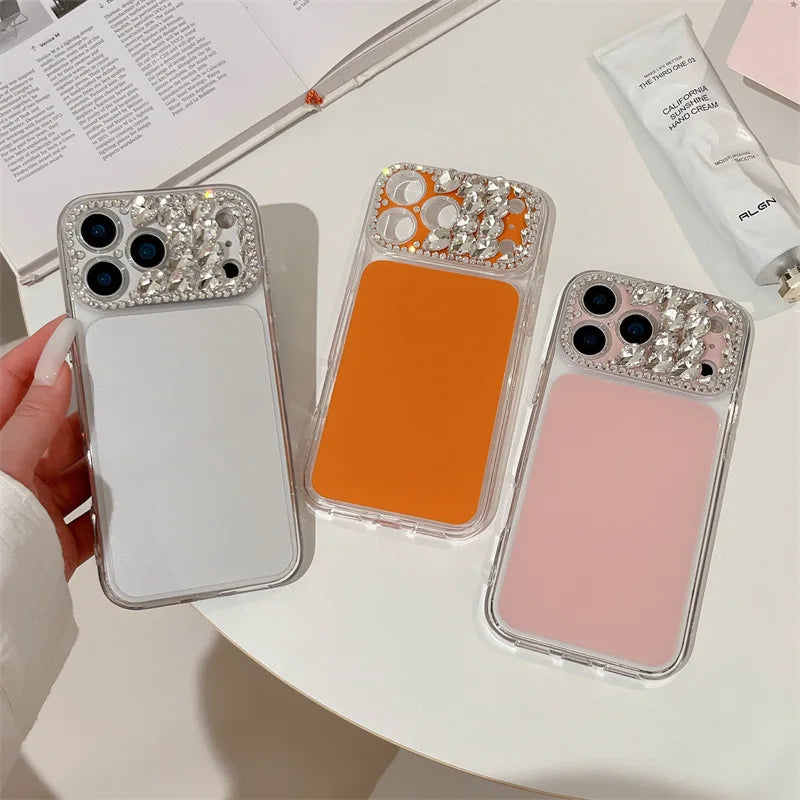 Luxury Sparkling Rhinestone Decoration Camera Frame Large Window Phone Case For iPhone 17 13 14 15 16 Pro Max Shockproof Cover
