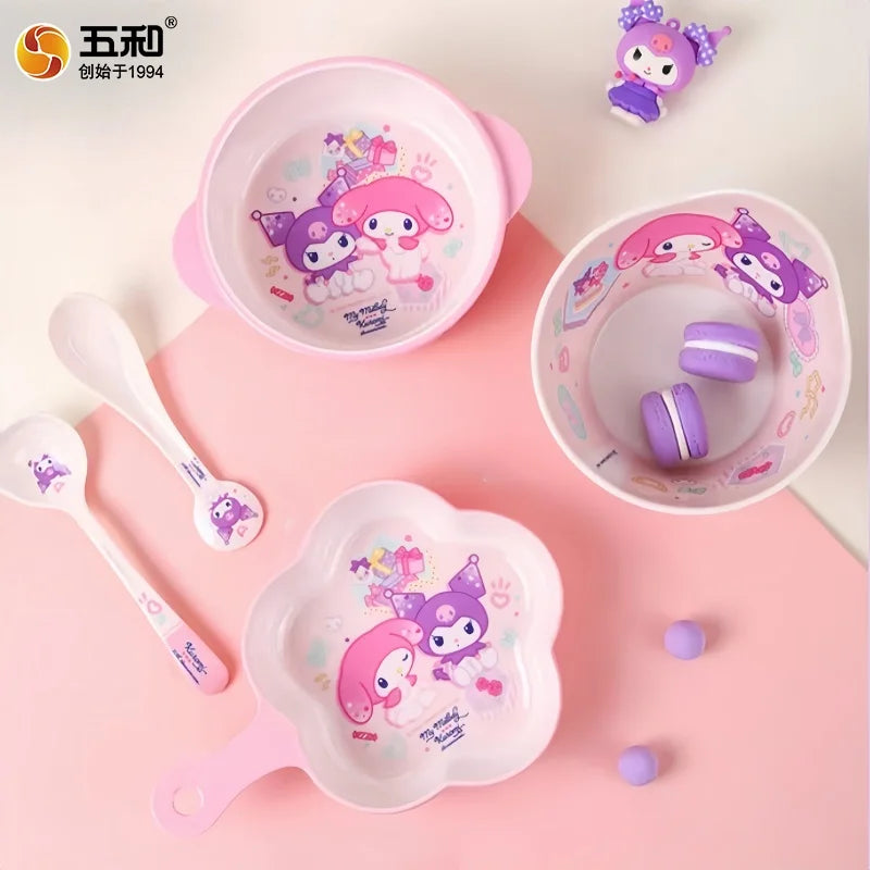 For Sanrio Kuromi Children Tableware Food Grade Dining Plates BPA-Free Salad Fruit Bowl Cartoon Baby Complementary Food Bowls