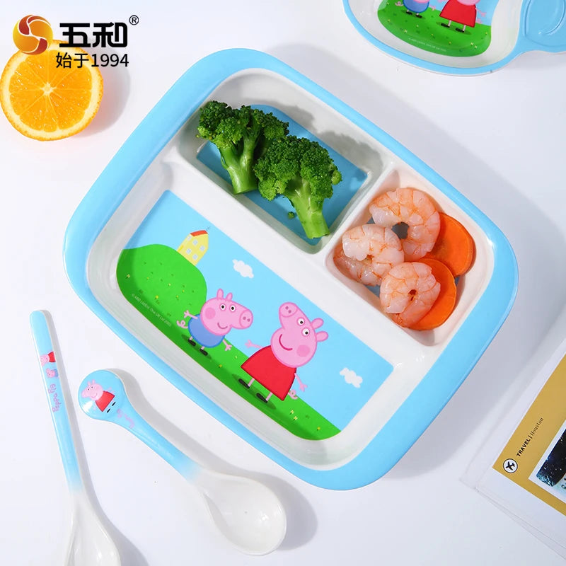 For Peppa Pig Tableware Cartoon Salad Bowl Anti-Fall Dining Plate Cup Spoon Baby Eating Double-ear Bowl Food-grade Divided Plate