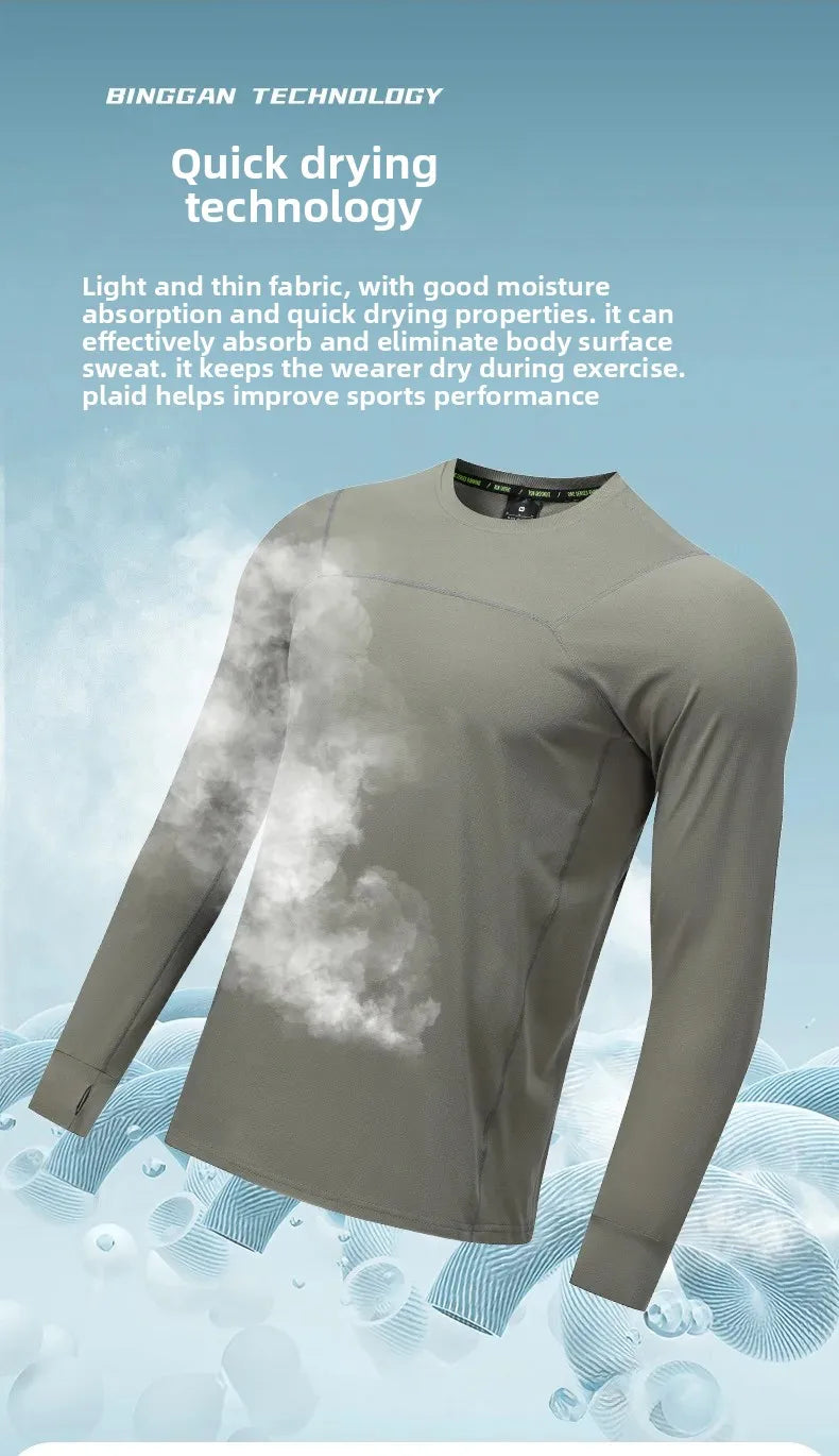 Quick Dry Long Sleeve T-Shirt Men's Thin Collar Breathable Outdoor Sports Base Shirt Striped Pattern Casual Comfortable Top