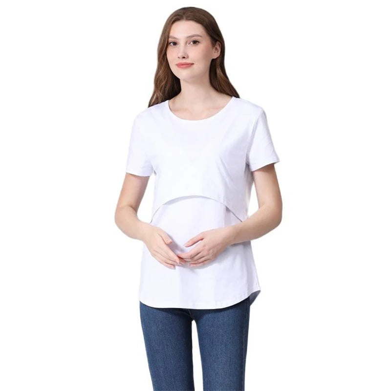 Plus Size Maternity T-Shirt Short Sleeve Stretch Cotton Breastfeeding Tees Loose Nursing Tops for Pregnant Women