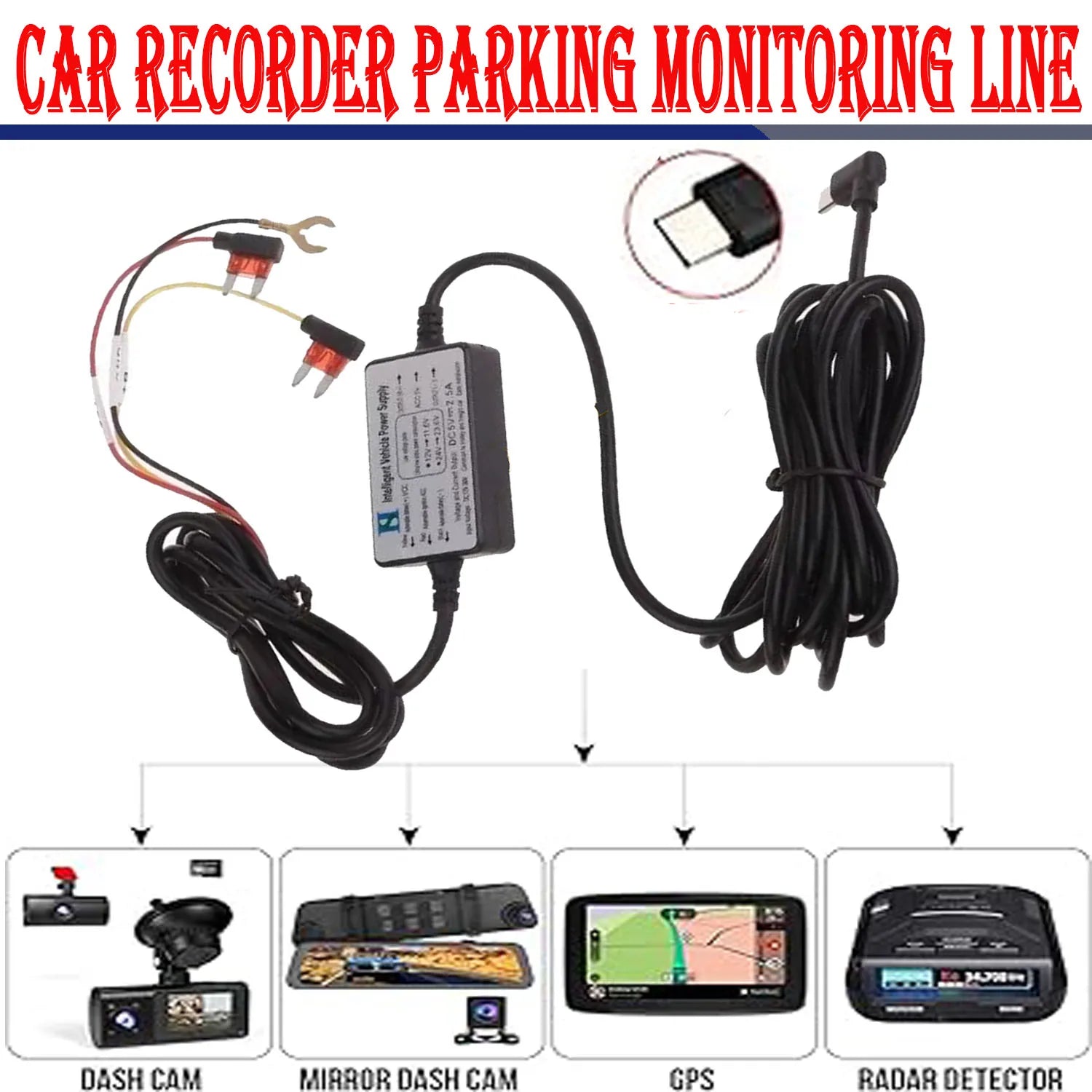 Dash Cam Hardwire Kit (12V-24V to 5V), Type C Hardwire Kit for Dash Camera with Acc Functionality, Add a Circuit Fuses, 24h Park