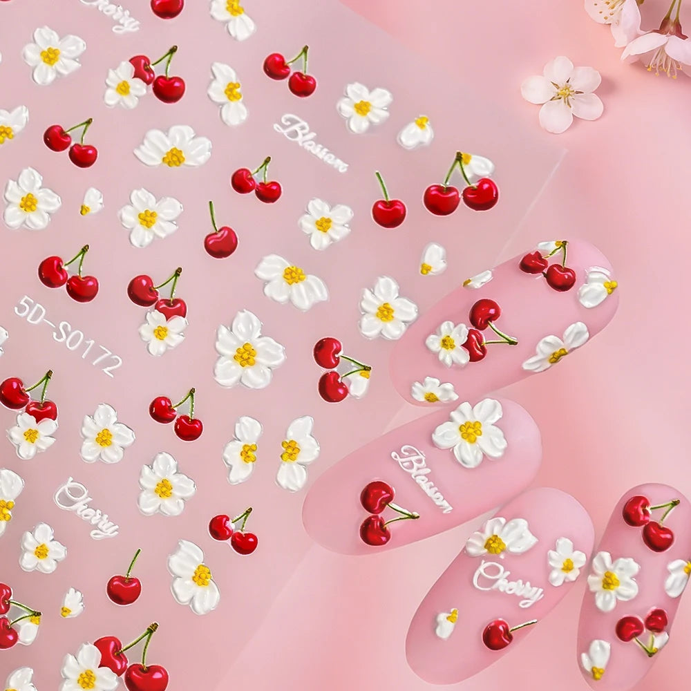 2pcs 5D Elegant Cherry Fruit Nail Stickers Kawaii Spring White Flowers Self-Adhesive Nail Decals DIY Wedding Season Nail Decor