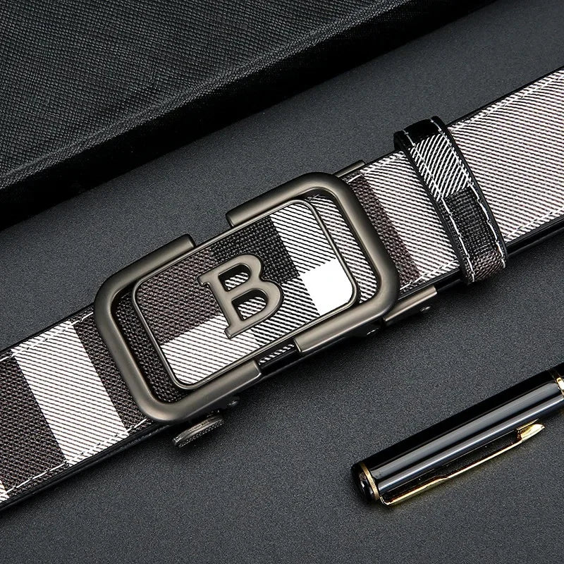 Trendy Plaid B Letter Automatic Buckle Belt for Men Premium Quality Fashionable Business Style Versatile Home Use