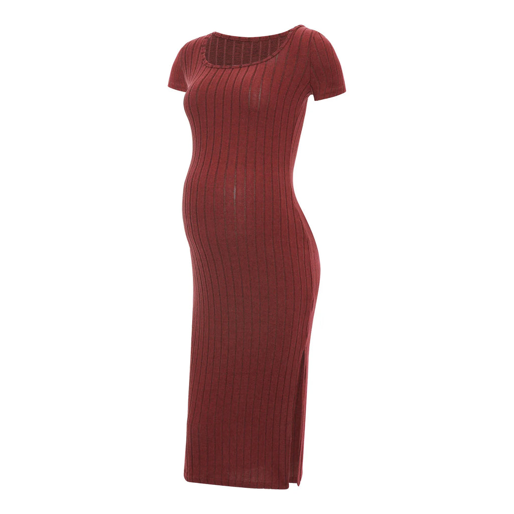 Elegant Maternity Knitted Dress Solid Color Short Sleeve Split Dresses Pregnancy Women Clothes Wedding Party Casual Daily Wear