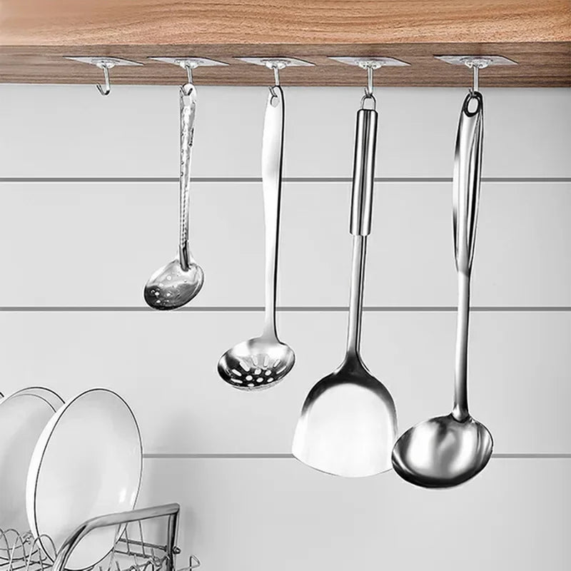 50pcs Transparent Stainless Steel Self-Adhesive Hooks Bathroom Towel Clothes Storage Sticker Hook Key Hangers Storage Holder