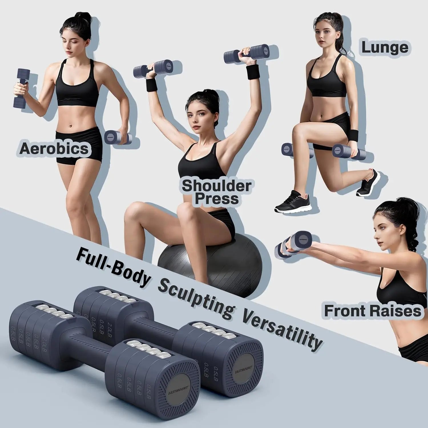 Adjustable Dumbbells Set of 2, 8-in-1 Hand Weights for Women 2lb to 6lb, Home Gym Workout Equipment