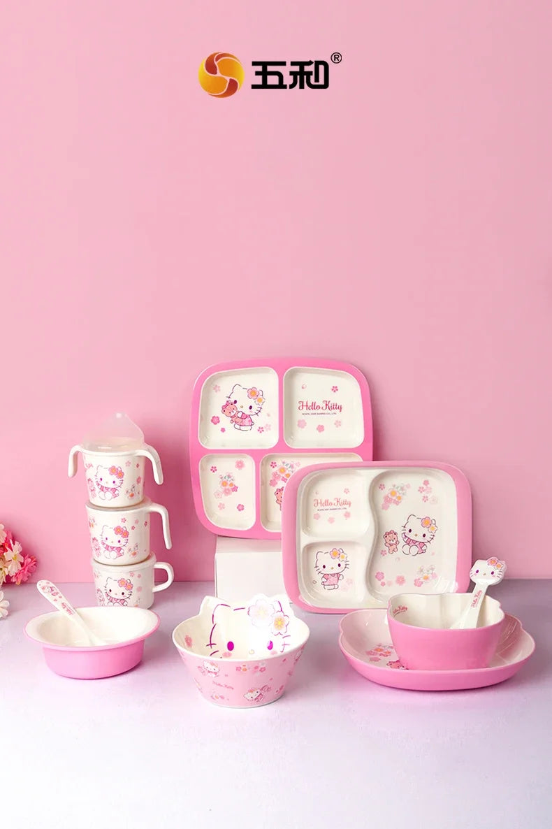 For Cherry Blossom Hello Kitty Tableware Baby Complementary Food Bowls BPA-Free Dining Plates Rice Bowl Cartoon Divided Plates