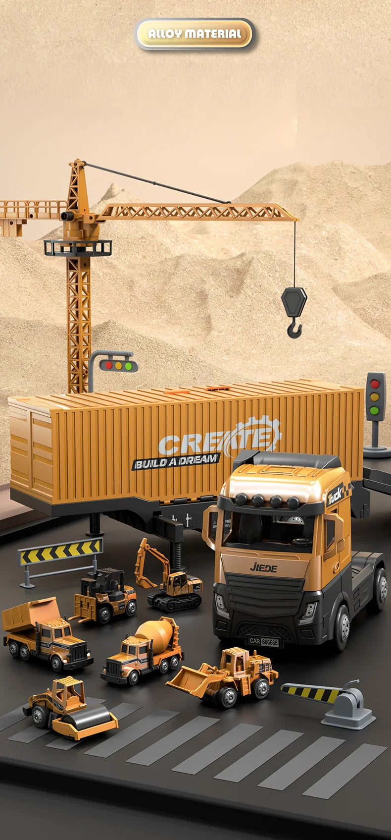 Alloy Construction Trucks Vehicle Toys for Kids Sounds Lights Effects Take Apart Container Crane,Excavator Trucks,Cement Mixer