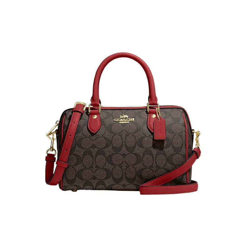 COACH Rowan Coated Canvas With Leather Handbag, Shoulder Bag, Crossbody Bag Medium Women's Brown & Red CH280-IMRVQ