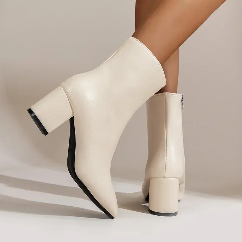 White Ankle Boots for Women 2024 New Side Zipper Stretch Middle Heel Large Size Short Boot Fashion Pointed Shoes Botas De Mujer