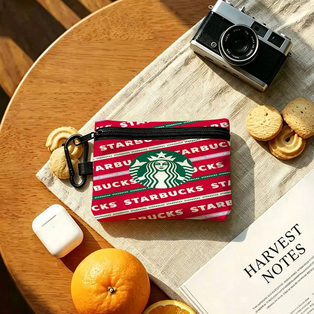 Cool S-Starbucks LOGO Mini Hanging Oxford Cloth Coin Bag Durable Zipper Key Card Pouch With Carabiner