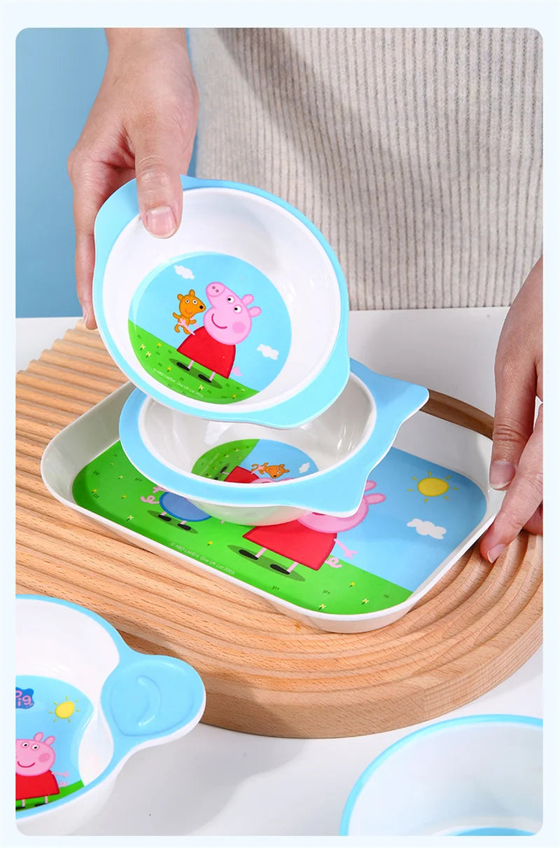 For Peppa Pig Tableware Cartoon Salad Bowl Anti-Fall Dining Plate Cup Spoon Baby Eating Double-ear Bowl Food-grade Divided Plate