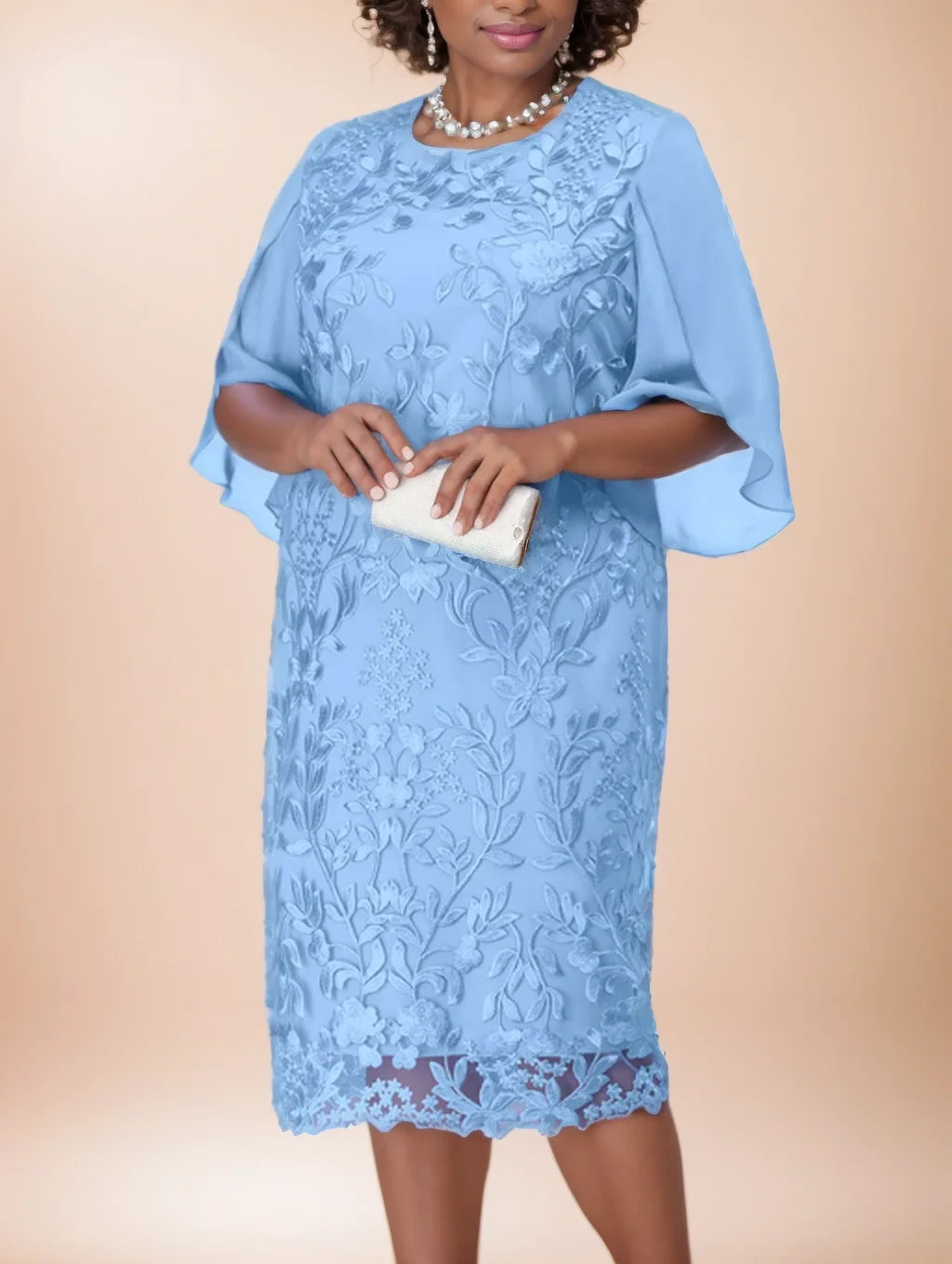 Elegant Round Neck Embroidery Knee Length Plus Size Formal Dress With Half Sleeves