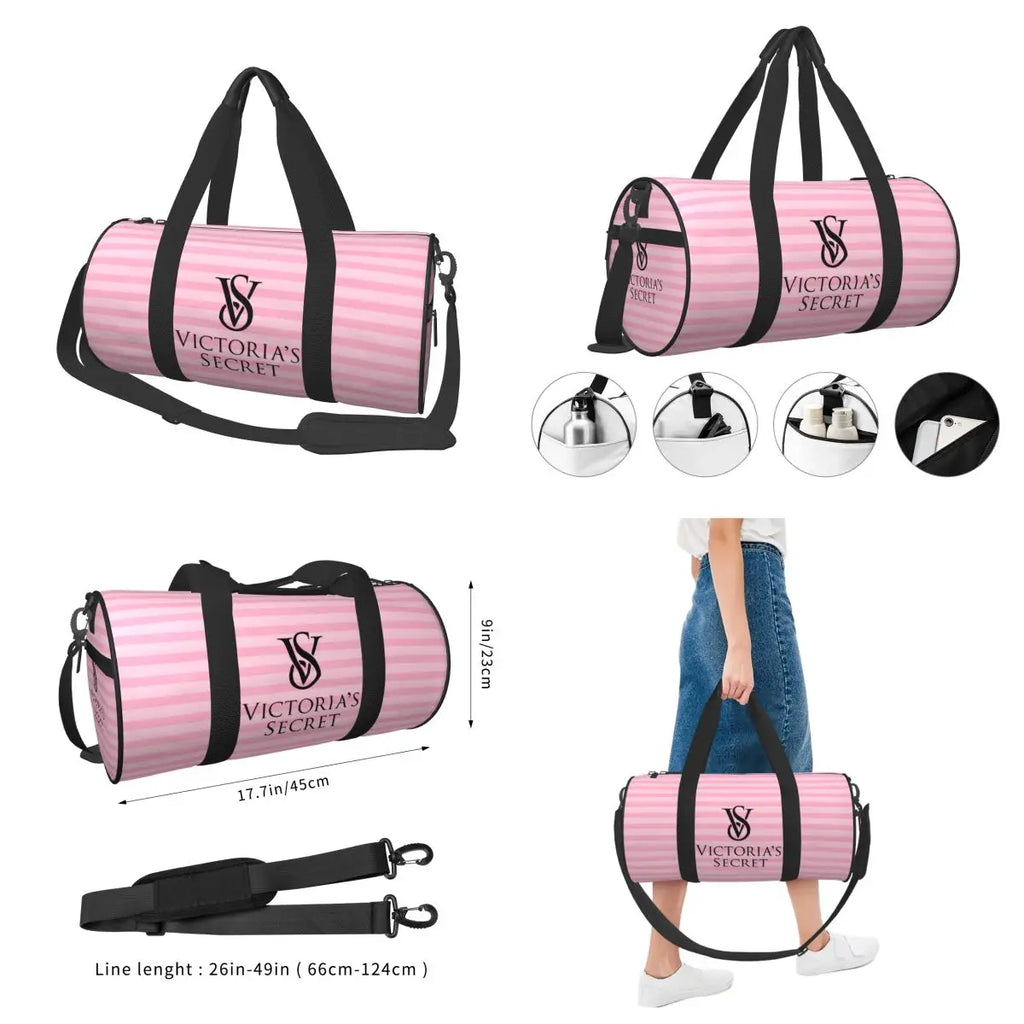Pink White Stripe Round Capacity Travel Duffel Bag Male Female Large-Capacity Hand Luggage Sports Fitness Bag Travel Package