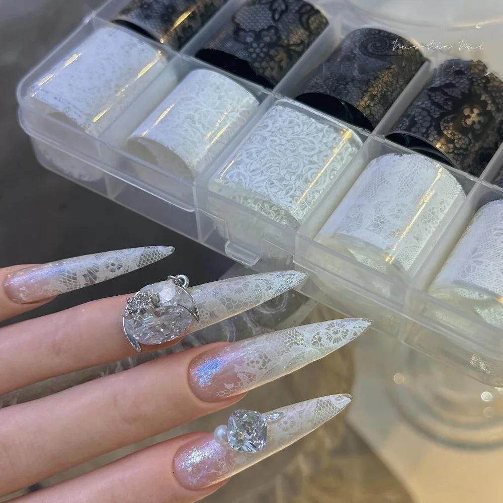 10 Rolls 2.5*50cm Sexy Lace Nail Foils Black White Transfer Paper Nail Art Stickers Stripe Lace Manicure Decals Nail Decorations