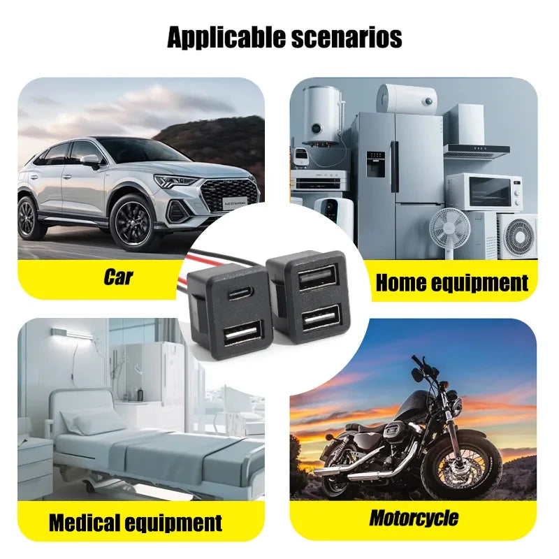 Black Double Layer Usb Female Type-C Socket Car Accessories 1-10pcs Usb Lamp Charging Female Power Socket with Cable Connector
