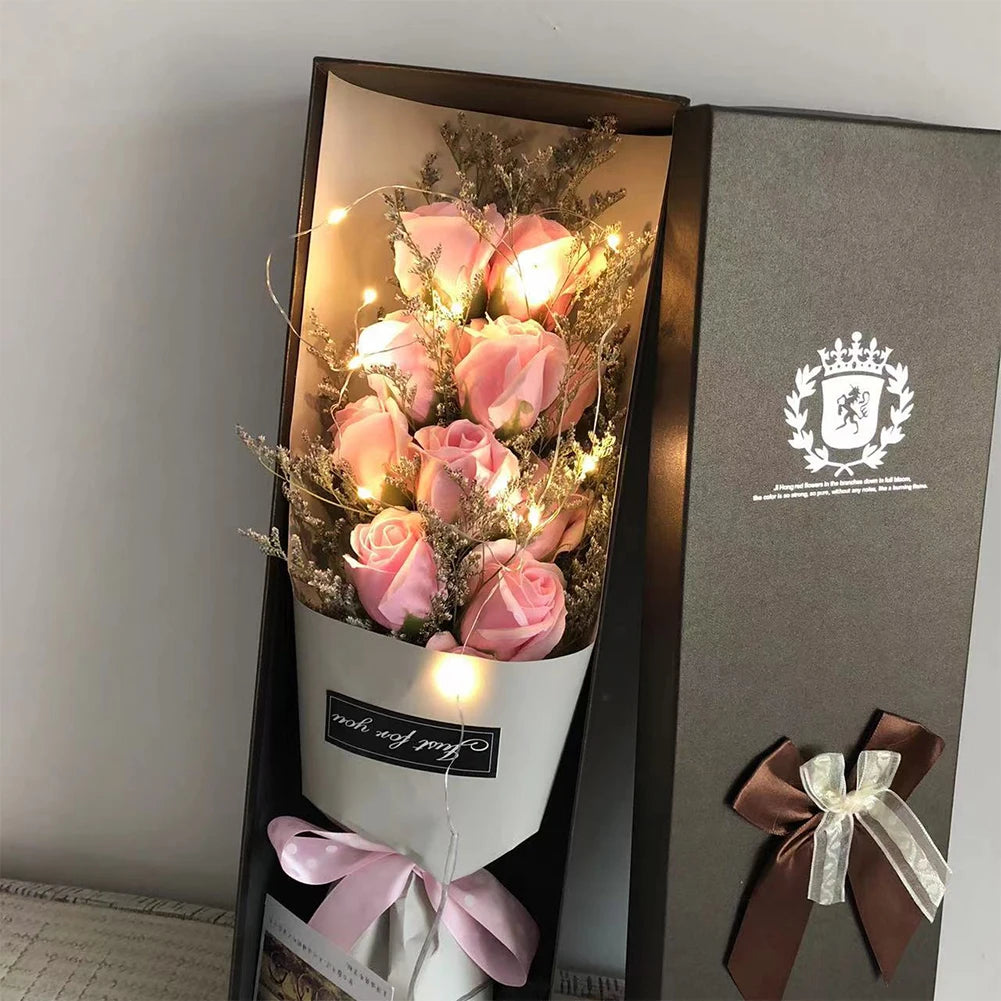 1Pc Creative Valentine's Day Mother's Day Birthday Party Rose Flower Gifts Handmade 11 Rose Soap Bouquet Little Bear Gift Box