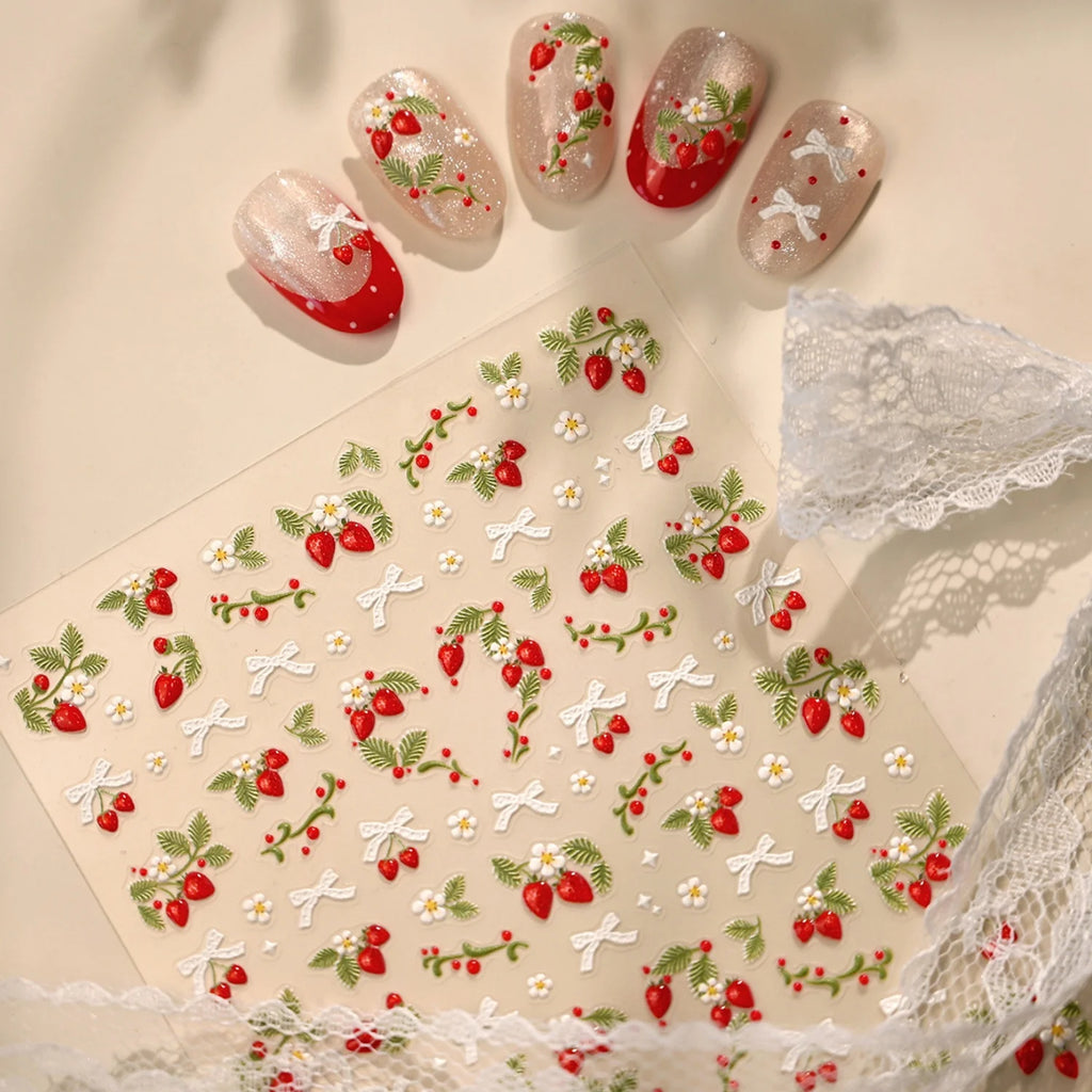 Spring Strawberry Vine 5D Nail Art Stickers Garden Fresh Red Strawberry Green Leaves Flower Cherry Branch Bow Nail Decals DIY