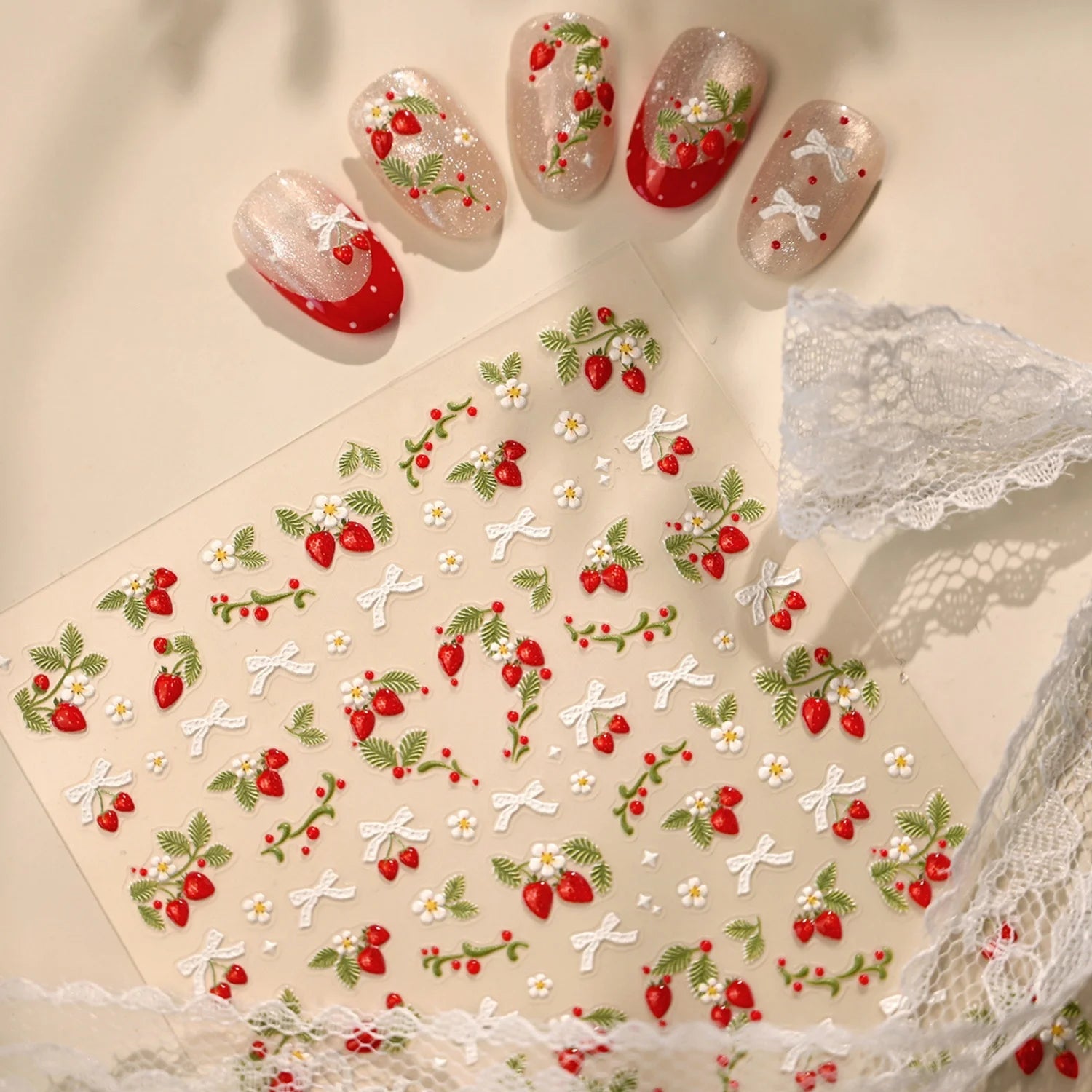 Spring Strawberry Vine 5D Nail Art Stickers Garden Fresh Red Strawberry Green Leaves Flower Cherry Branch Bow Nail Decals DIY