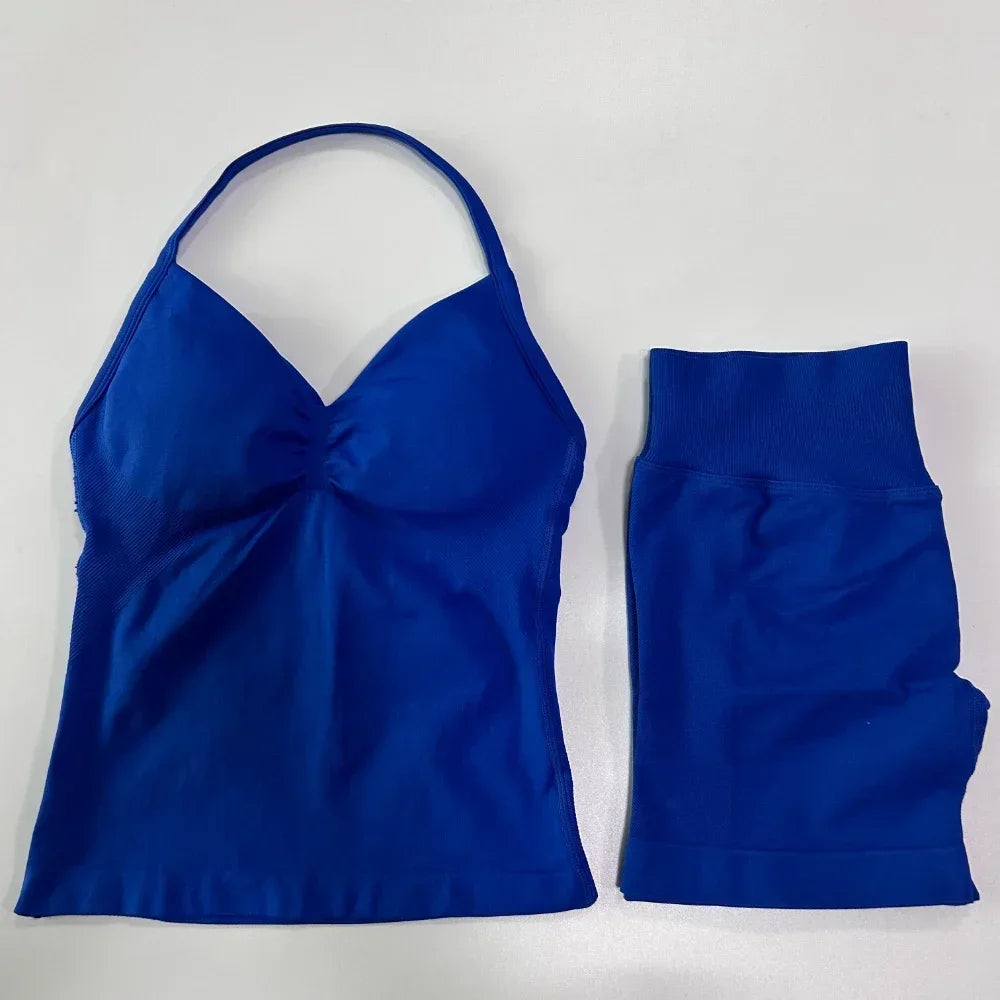 2 Pieces Sports Set Women Backless Tank Tops High Waist Scrunch Seamless Shorts Sport Suit Gym Set Sportswear Workout Set