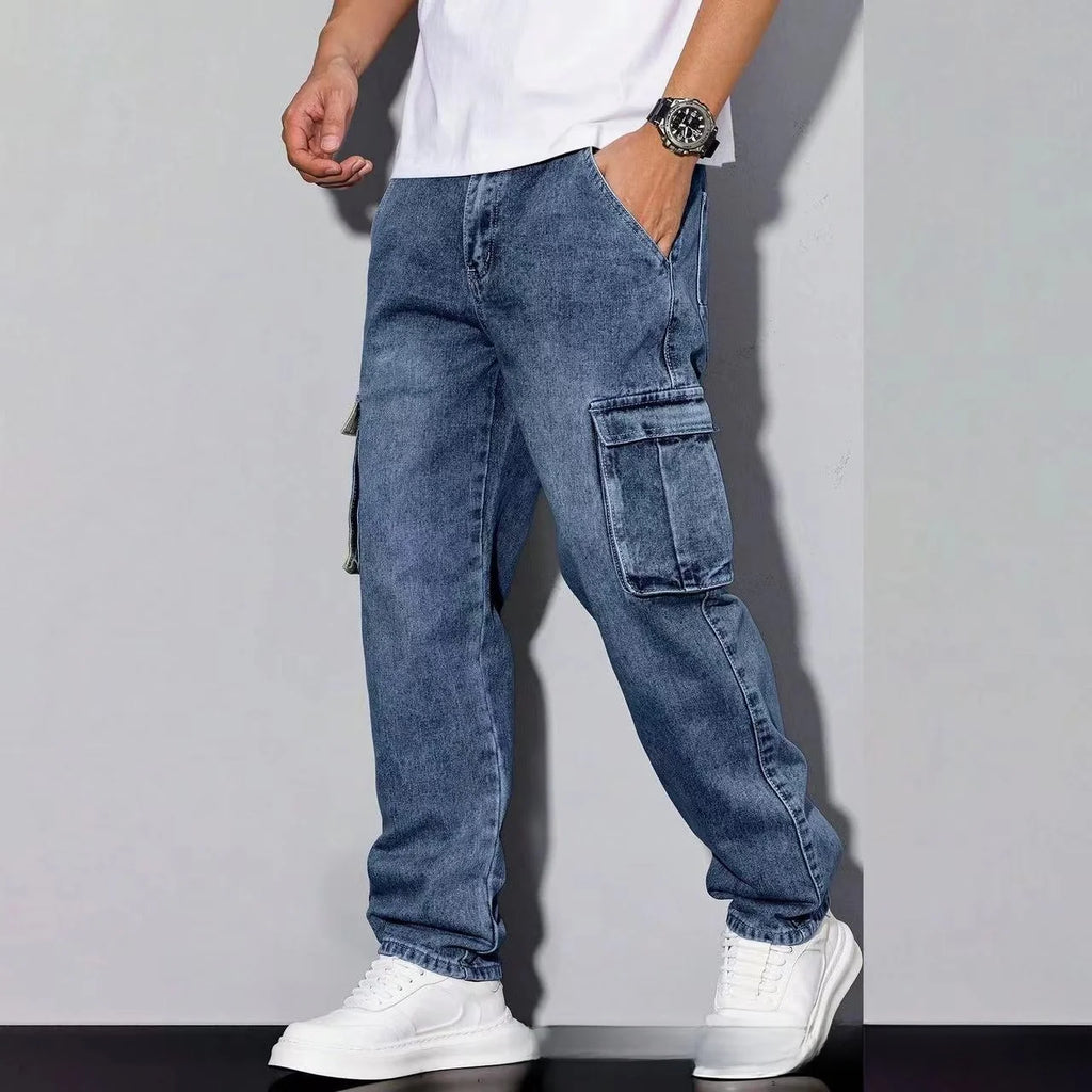 American High Street Hip Hop Style Loose Straight Leg Casual Long Jeans Multi Pocket Workwear Cotton Blend Spring Autumn