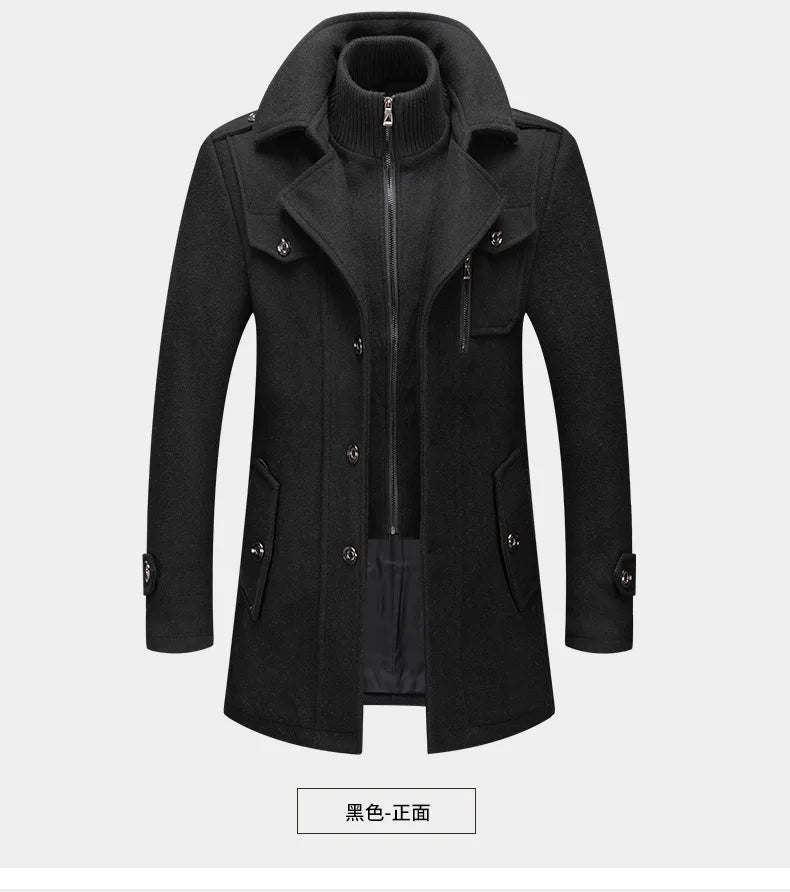 New Winter Mens Wool Blends Coats Solid Color Thick Warm Woolen Overcoat Double Neck Trench Coat Men Single Breasted Windbreaker