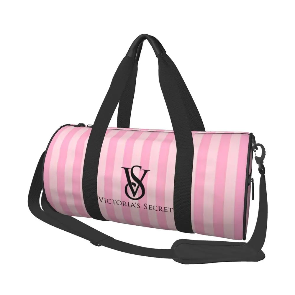 Pink White Stripe Round Capacity Travel Duffel Bag Male Female Large-Capacity Hand Luggage Sports Fitness Bag Travel Package