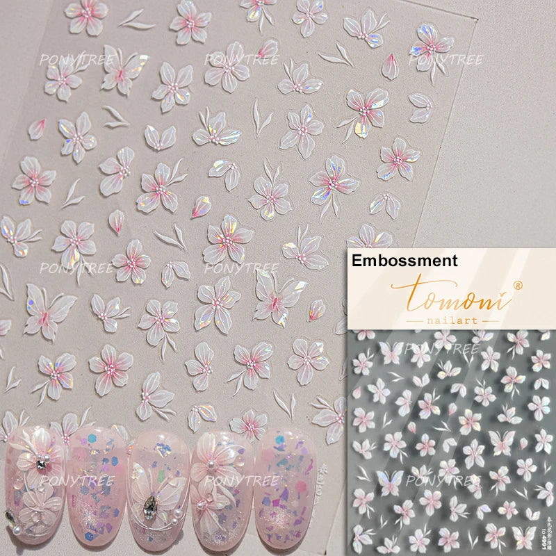 Embossed Flower Pink Butterfly Lucky Peach Blossom Chic Spring Petal 5D Soft Relief Adhesive Nail Art Stickers Manicure Decals