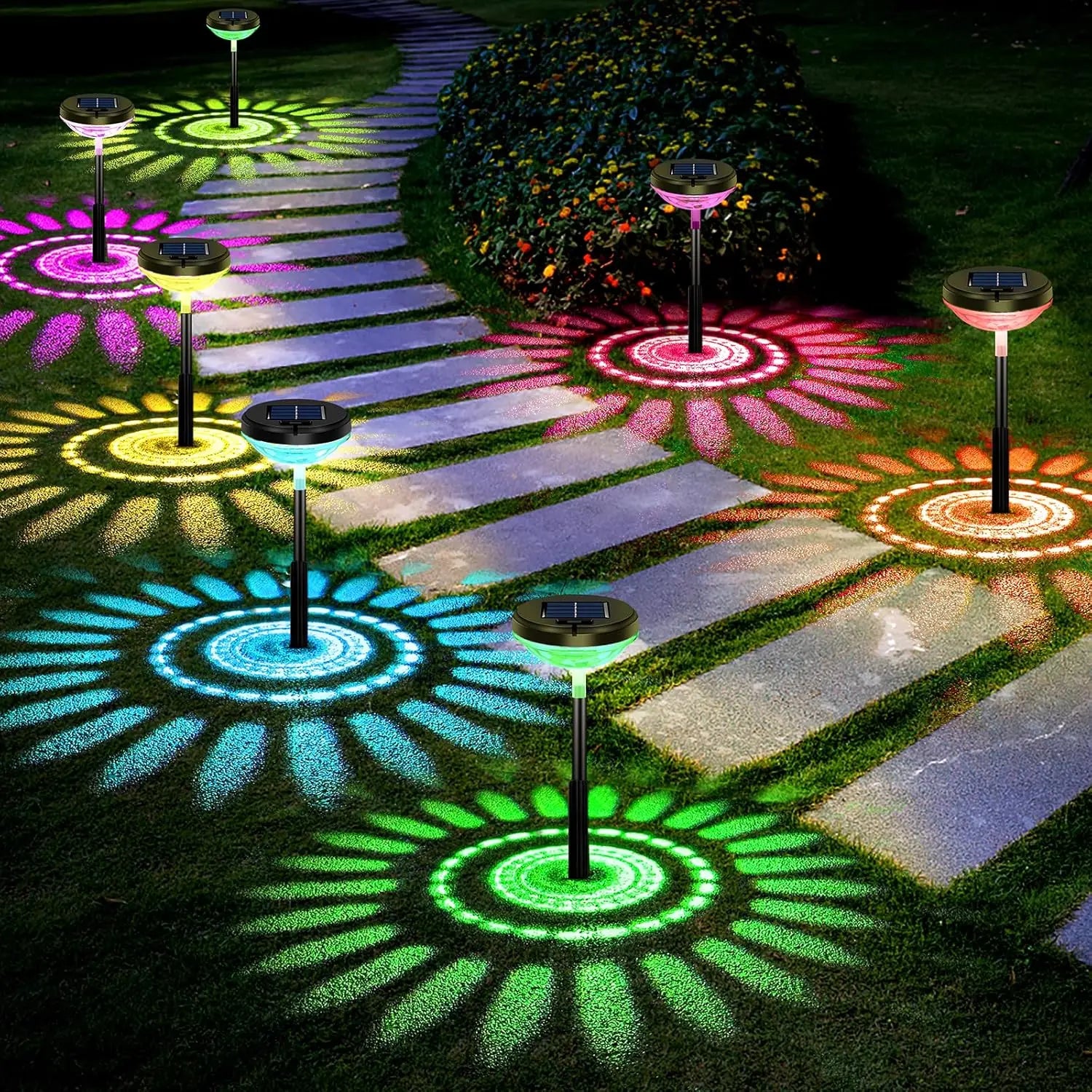 2 Pack Solar Pathway Lights Multicolor & Warm White LED IP67 Waterproof Outdoor Garden Yard Lawn Landscape Decorative