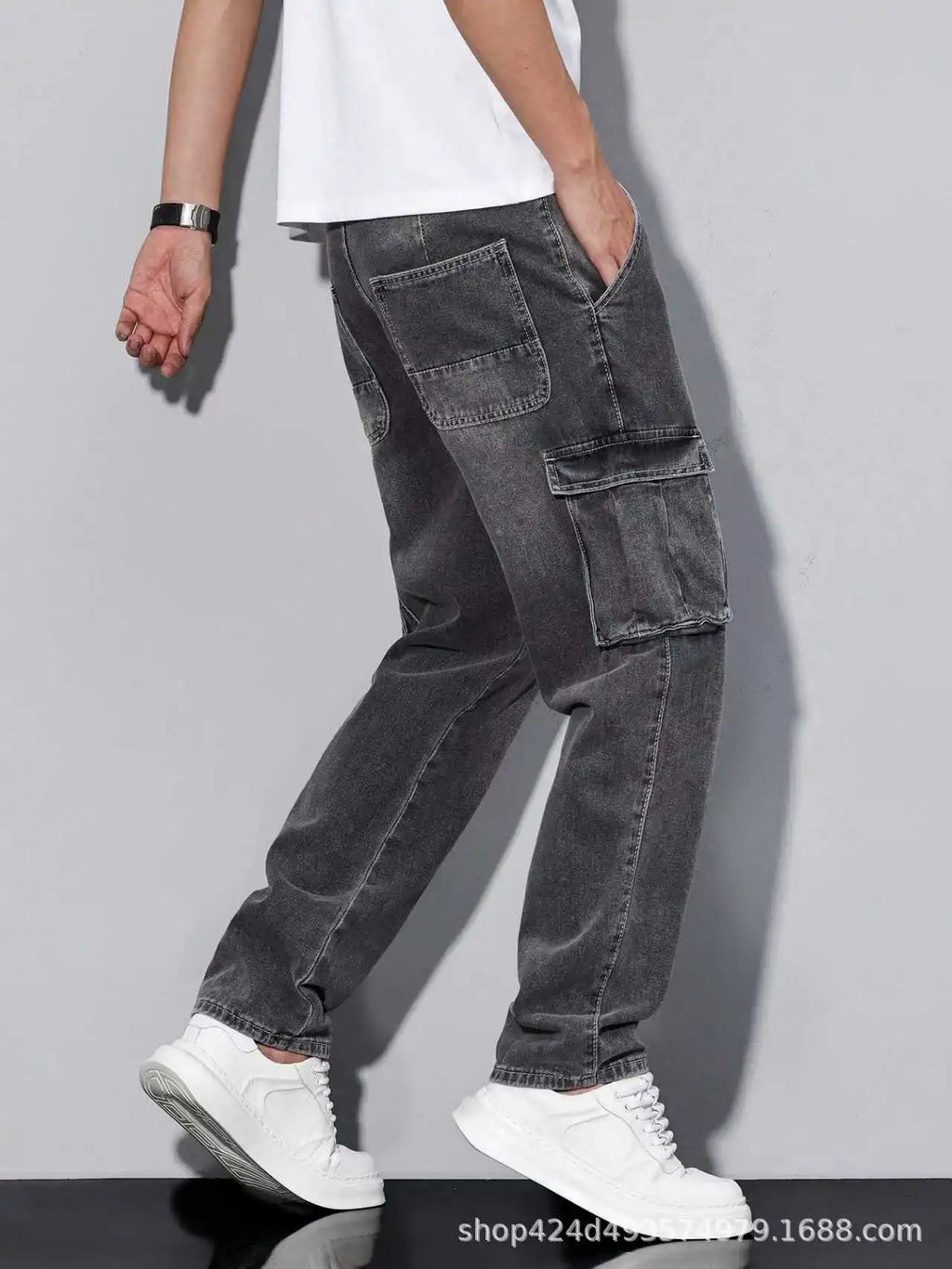 American High Street Hip Hop Style Loose Straight Leg Casual Long Jeans Multi Pocket Workwear Cotton Blend Spring Autumn
