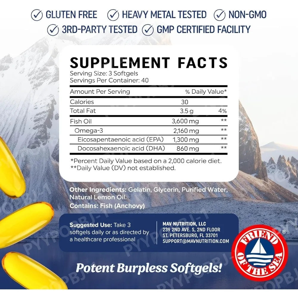 Omega 3 3600 Mg Aceite De Pescado EPA 1300 Y DHA 860 Suplemento Alimenticio De Alta Potencia | Fórmula Sin Eructos| 60 Cápsulas