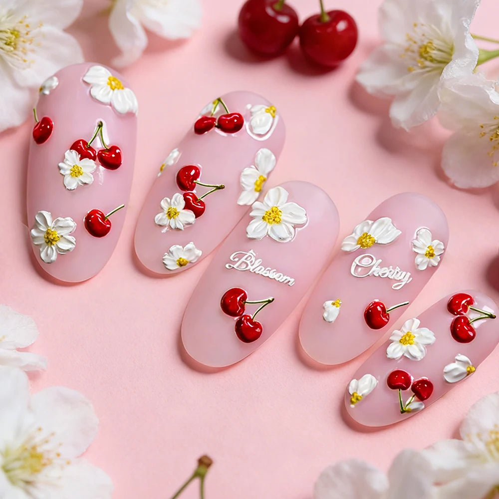 2pcs 5D Elegant Cherry Fruit Nail Stickers Kawaii Spring White Flowers Self-Adhesive Nail Decals DIY Wedding Season Nail Decor