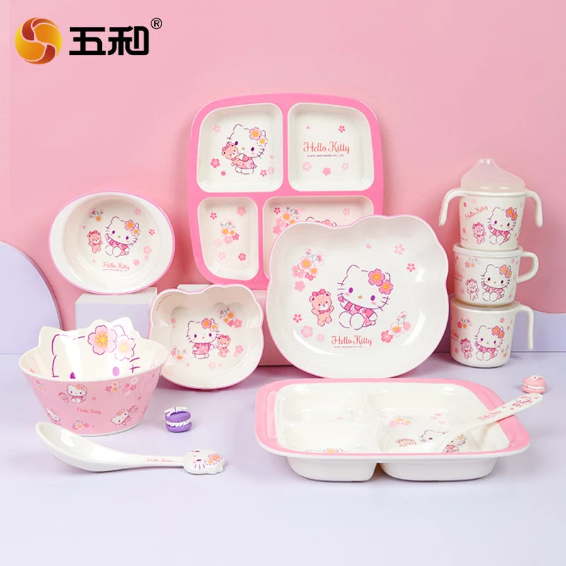 For Cherry Blossom Hello Kitty Tableware Baby Complementary Food Bowls BPA-Free Dining Plates Rice Bowl Cartoon Divided Plates