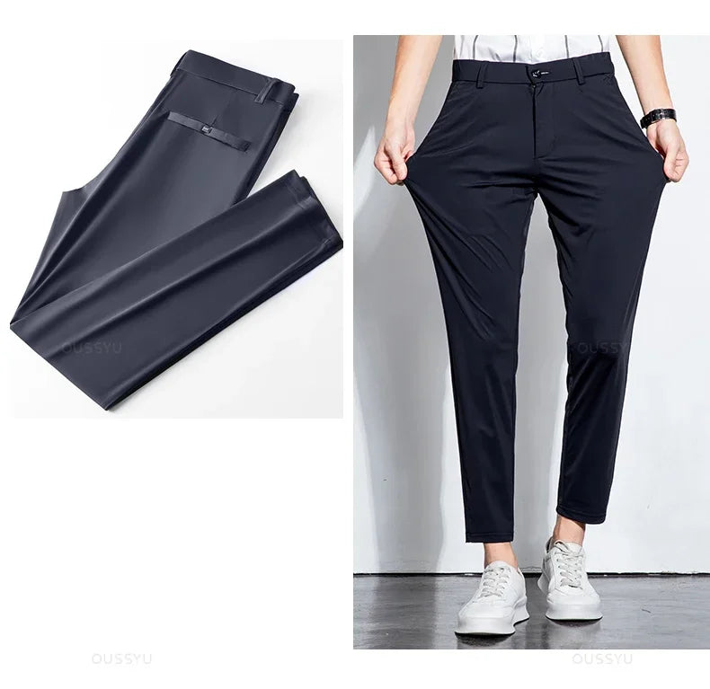 Summer Stretch Suit Pants Men Thin Business Solid Color Slim Ankle-Length Casual Formal Office Trousers