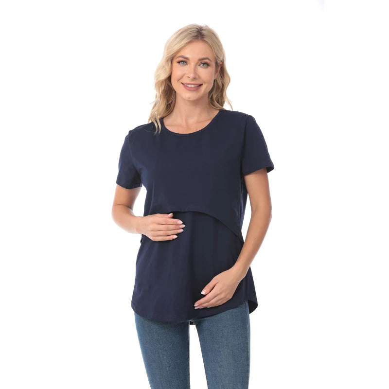 Plus Size Maternity T-Shirt Short Sleeve Stretch Cotton Breastfeeding Tees Loose Nursing Tops for Pregnant Women