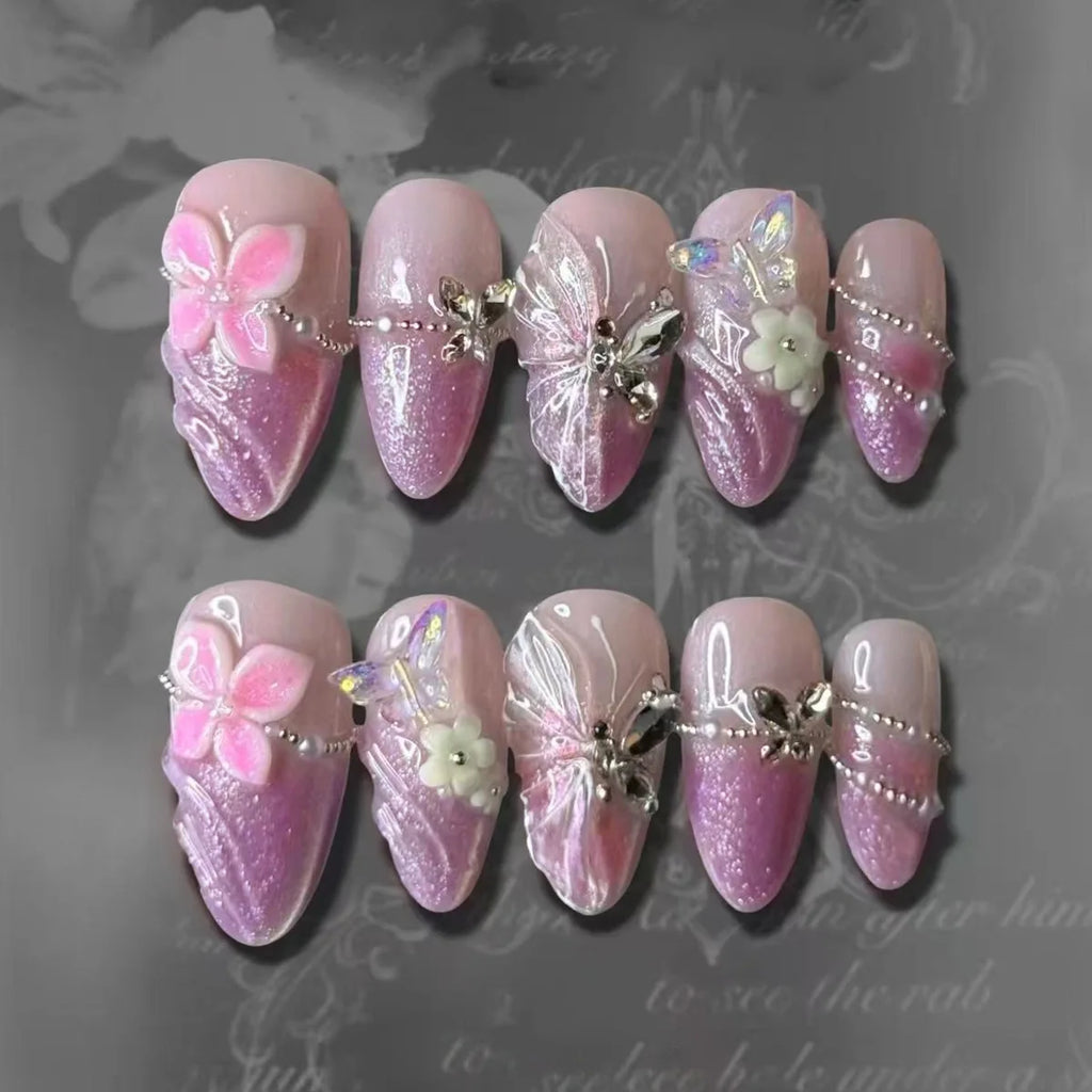 24Pcs Mid-length Gilded Almond Nails Set Press on 3D Flower Gradient Pink Full Cover False Nails Tips Pearl Reusable Fake Nails