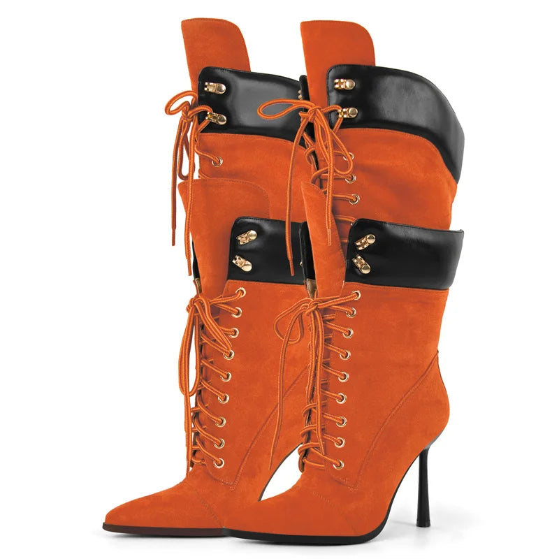 Onlymaker Women Pointed Toe Double Stiletto High Heel Lace Up Mid-Calf Boots