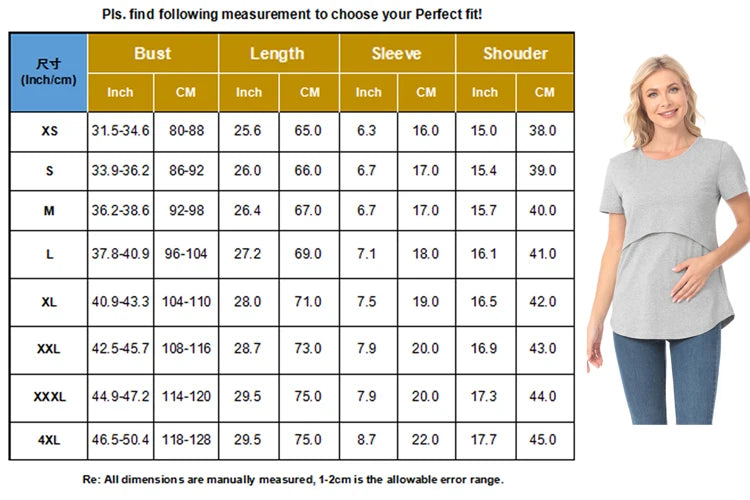 Plus Size Maternity T-Shirt Short Sleeve Stretch Cotton Breastfeeding Tees Loose Nursing Tops for Pregnant Women