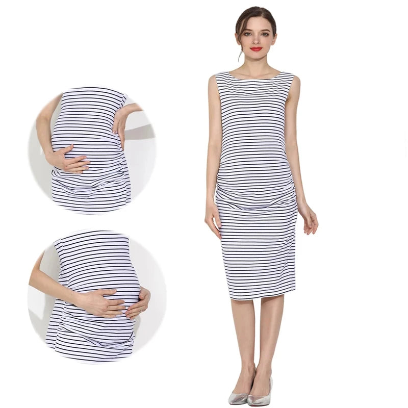 Summer Sleeveless Maternity Dress Knee-Length Casual Stripe Cotton Tank Dress for Pregnant Women Comfortable Mama Clothes